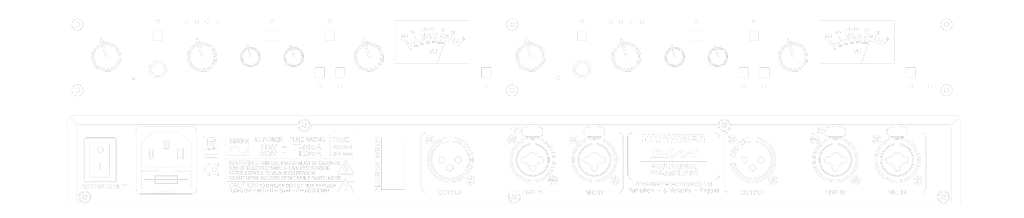 A line drawing of the front and rear panels of the 1972 showing controls and connectors