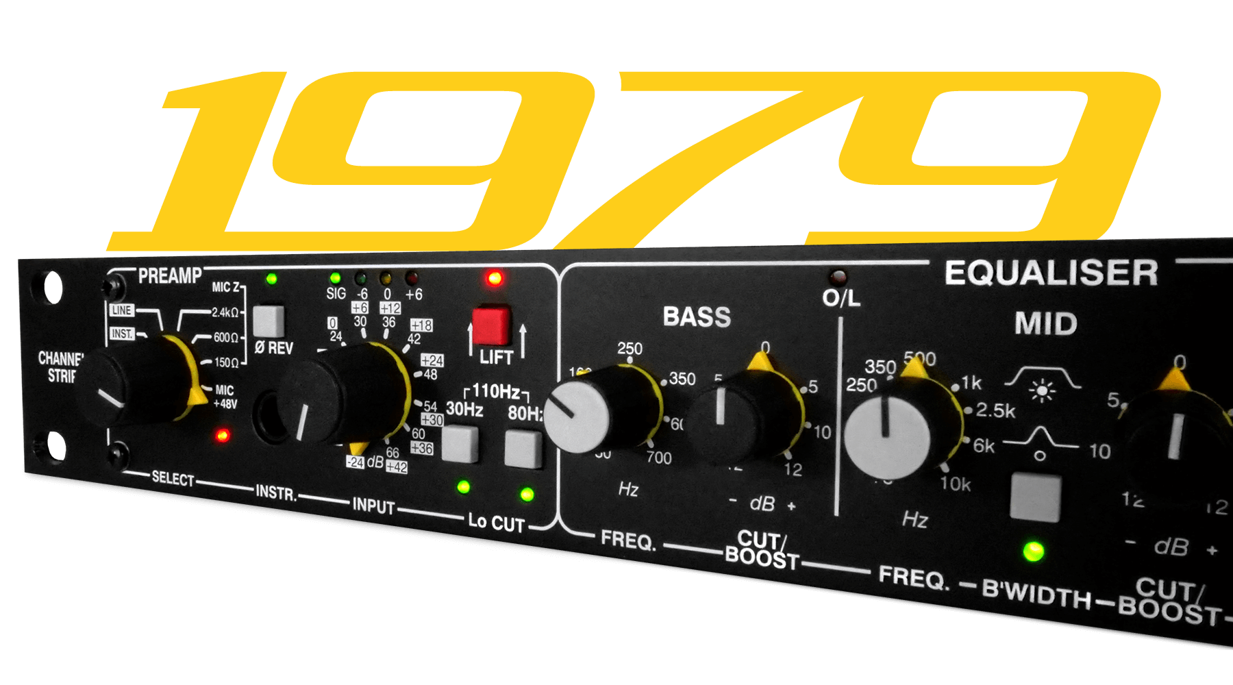 Close up of the 1977 preamplifier section with the logo above in yellow