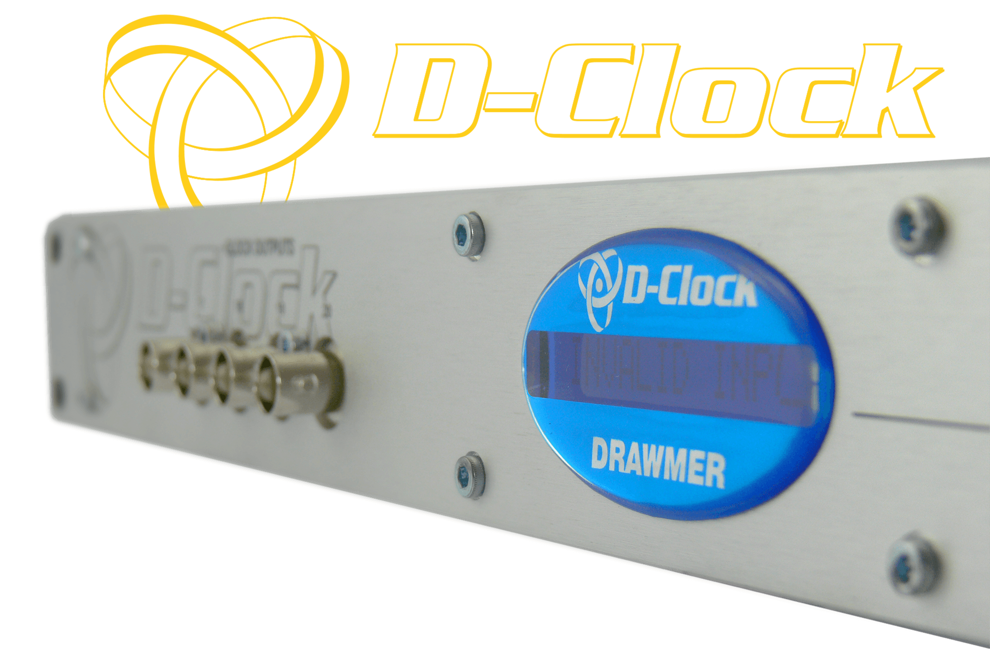 Close up of the D-Clock cental display with the logo above in yellow