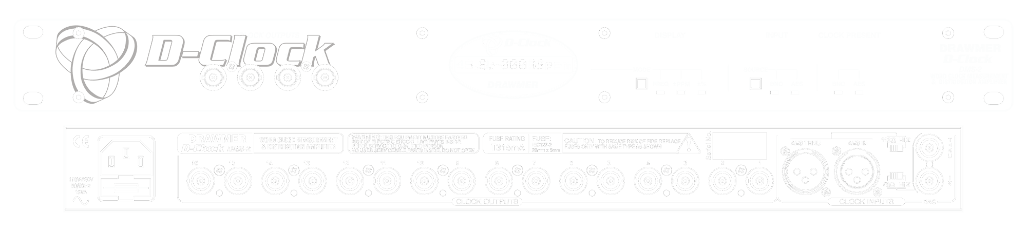 A line drawing of the front and rear panels of the D-Clock showing controls and connectors