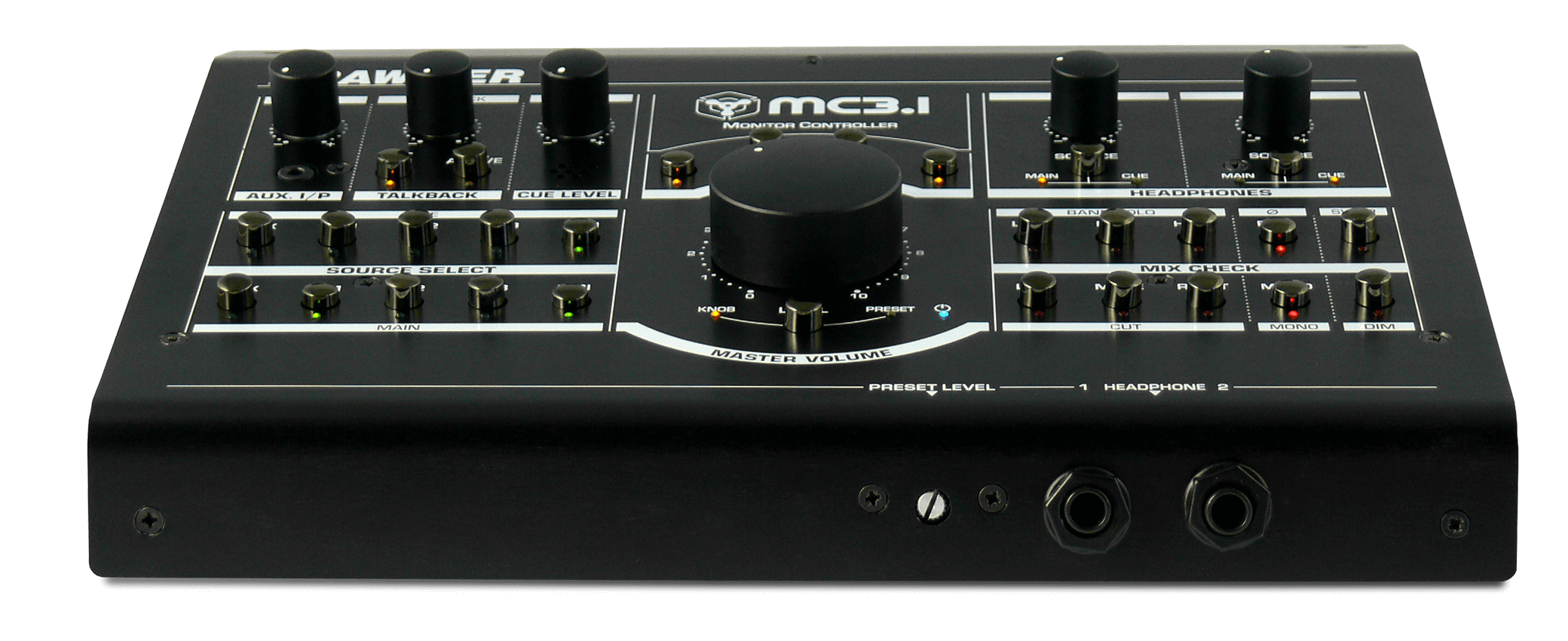 Front view of the MC3.1 showing the volume trim and headphone jacks