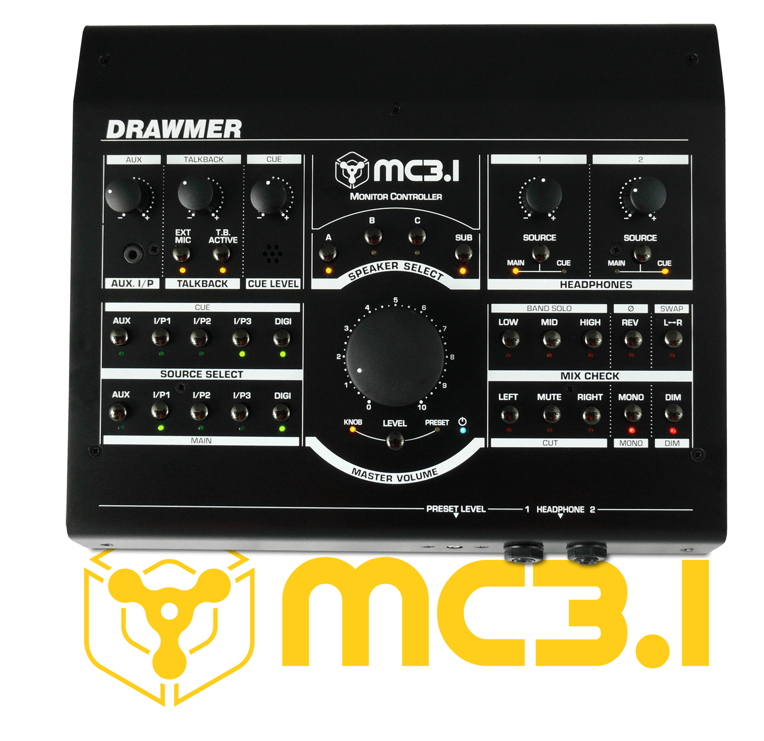View of the MC3.1 controls directly from above with the logo below in yellow