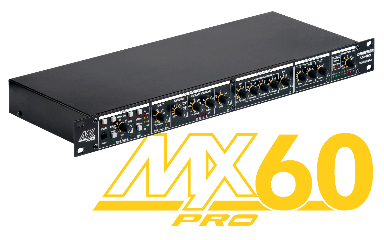 View of the MX60pro from above left with the logo below in yellow
