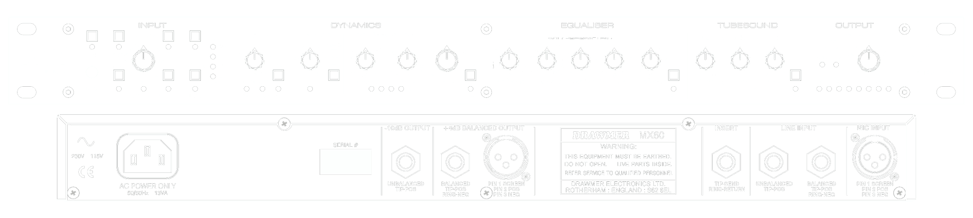 A line drawing of the front and rear panels of the MX60pro showing controls and connectors