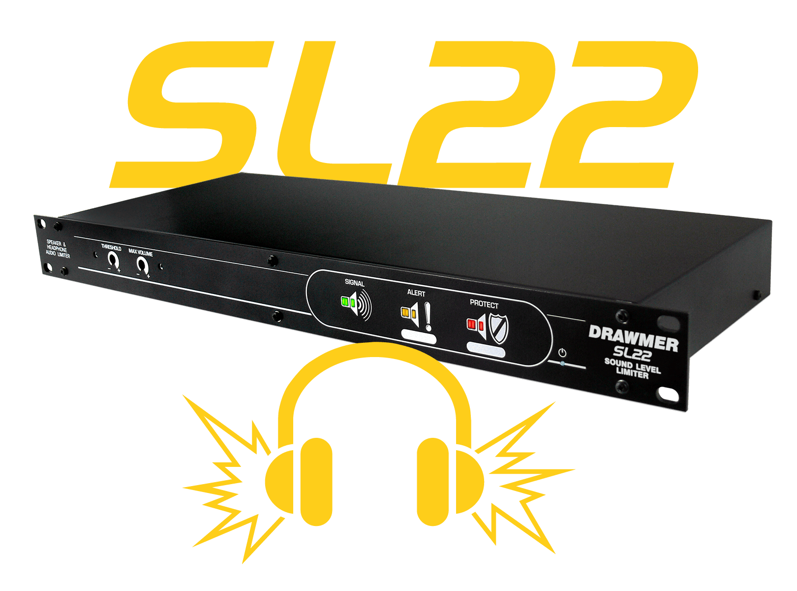 View of the SL22 from the front right with the logo above and headphone graphic below both in yellow