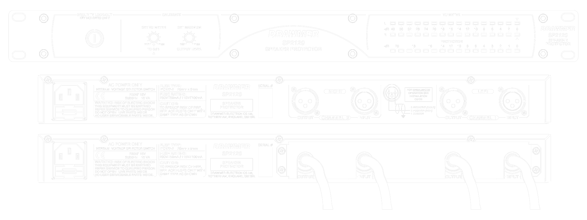 A line drawing of the front and rear panels of the SL22 showing controls and connectors